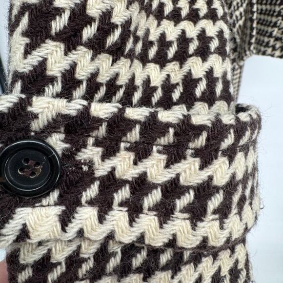 J Crew Vintage Wool Blend Brown Cream Houndstooth Plaid Trench Coat - Picture 6 of 9